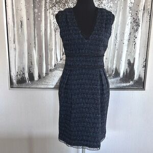 Adam Lippes Metallic Navy Boucle Wool Silk Blend Sleeveless Sheath Dress - 4